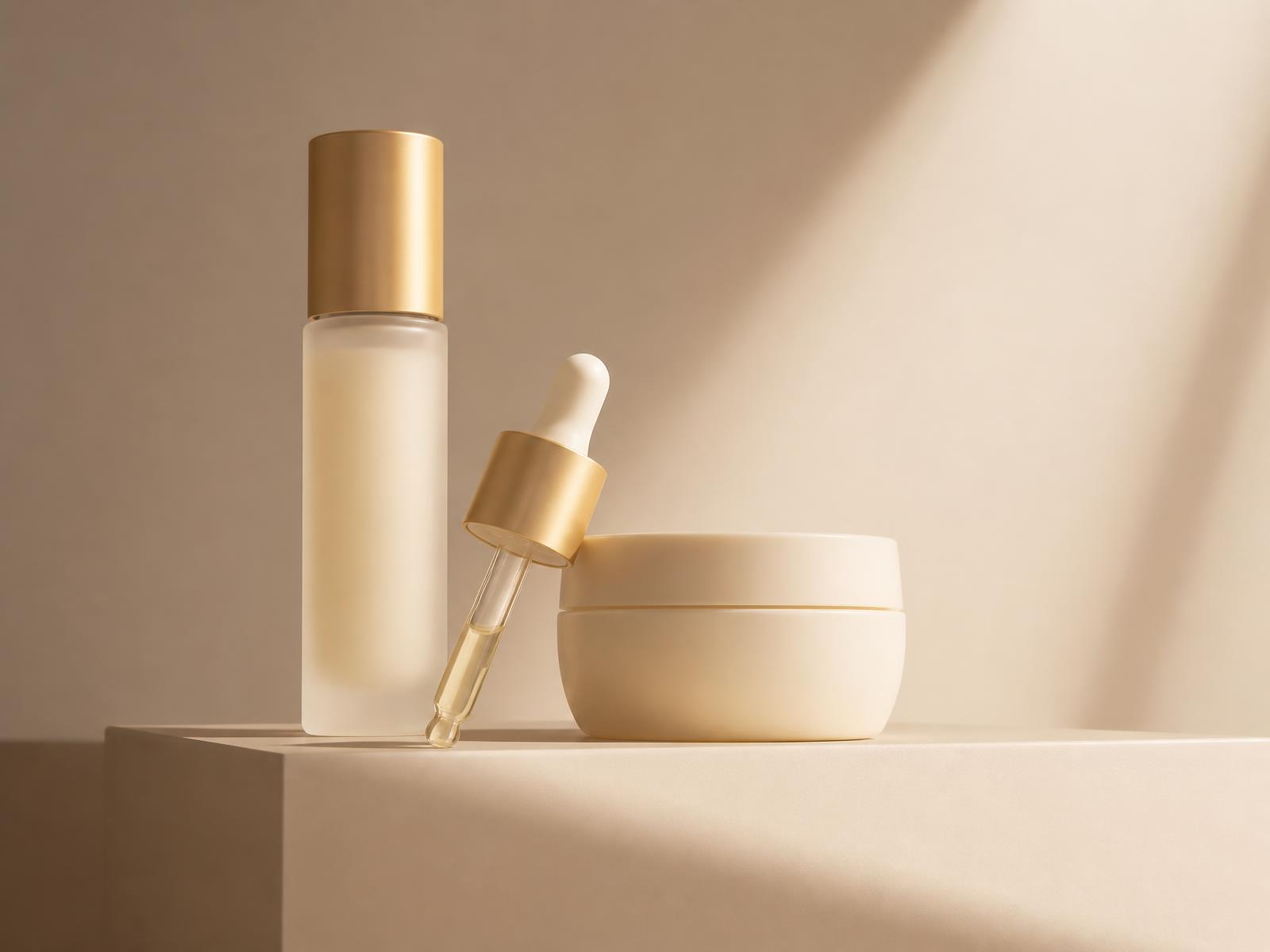 Frosted glass serum bottle, gold-capped dropper and ivory cream jar on a warm ivory plinth